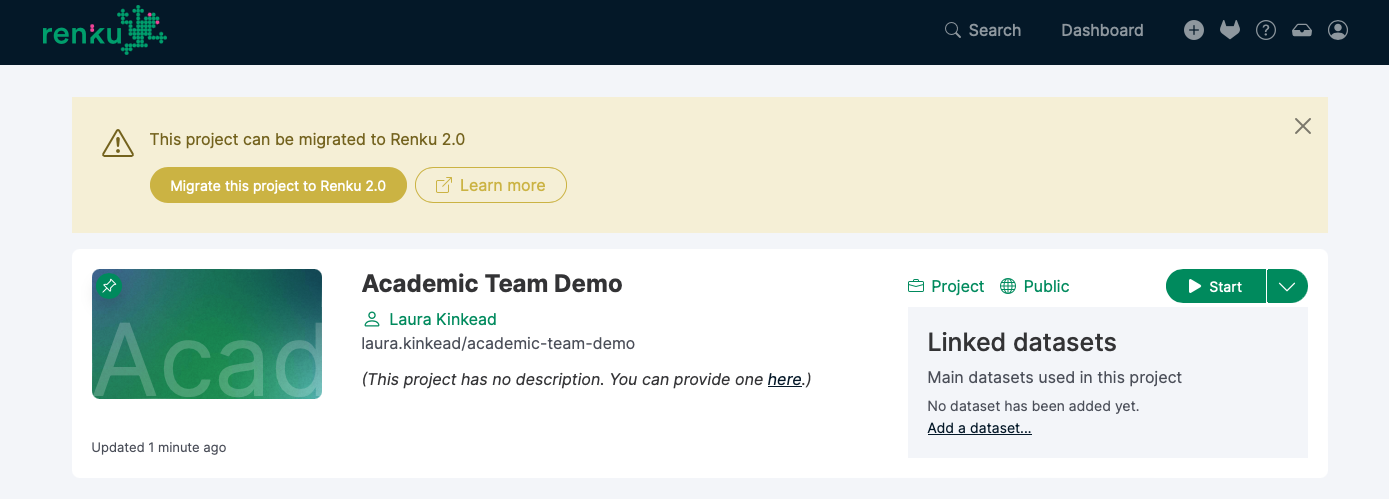 Renku Project with migration modal